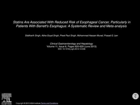 Statins Are Associated With Reduced Risk of Esophageal Cancer, Particularly in Patients With Barrett's Esophagus: A Systematic Review and Meta-analysis 