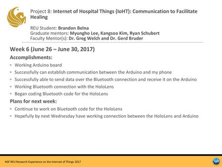 Project 8: Internet of Hospital Things (IoHT): Communication to Facilitate Healing REU Student: Brandon Belna Graduate mentors: Myungho Lee, Kangsoo Kim,