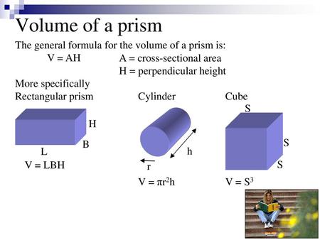 Volume of a prism The general formula for the volume of a prism is: