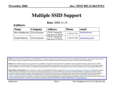 Multiple SSID Support Authors: November 2006 Date: