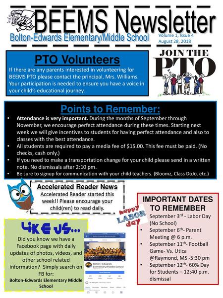 BEEMS Newsletter PTO Volunteers Points to Remember: