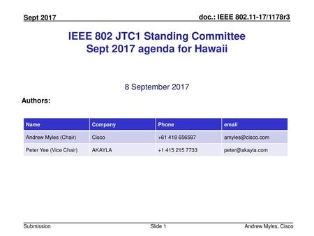 IEEE 802 JTC1 Standing Committee Sept 2017 agenda for Hawaii