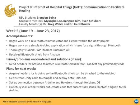 Project 8: Internet of Hospital Things (IoHT): Communication to Facilitate Healing REU Student: Brandon Belna Graduate mentors: Myungho Lee, Kangsoo Kim,