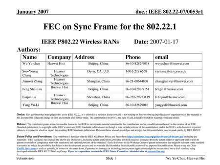 FEC on Sync Frame for the