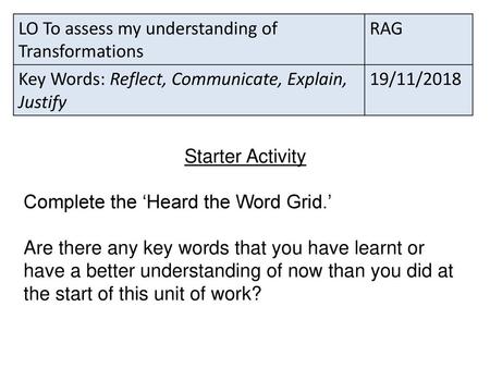 LO To assess my understanding of Transformations