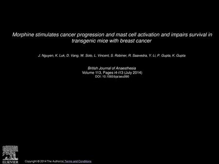 Morphine stimulates cancer progression and mast cell activation and impairs survival in transgenic mice with breast cancer  J. Nguyen, K. Luk, D. Vang,