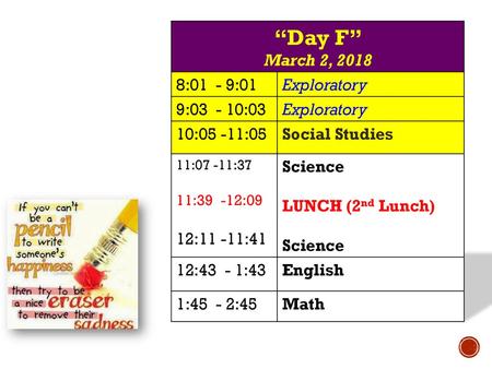 “Day F” March 2, :01 - 9:01 Exploratory 9: :03