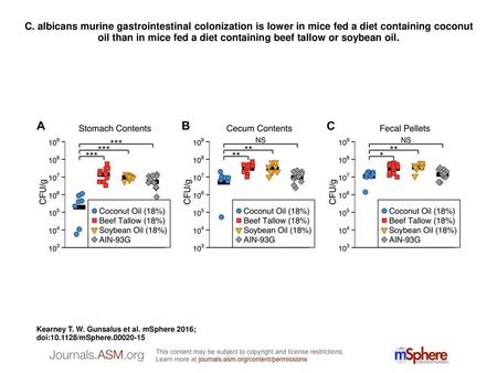 C. albicans murine gastrointestinal colonization is lower in mice fed a diet containing coconut oil than in mice fed a diet containing beef tallow or soybean.