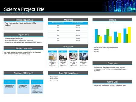 Science Project Title Problem / Question Materials Results Hypothesis