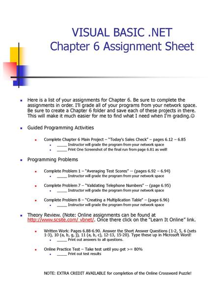 VISUAL BASIC .NET Chapter 6 Assignment Sheet