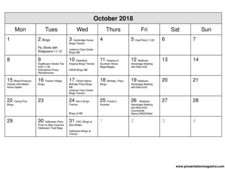 October 2018 Mon Tues Wed Thurs Fri Sat Sun 1 2 Bingo