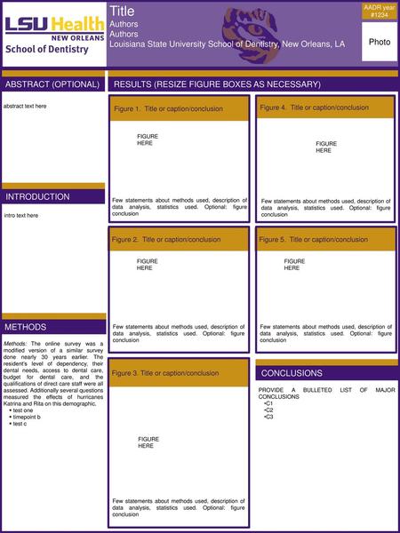 Title Authors Louisiana State University School of Dentistry, New Orleans, LA AADR year #1234 Photo abstract (optional) Results (resize figure boxes as.