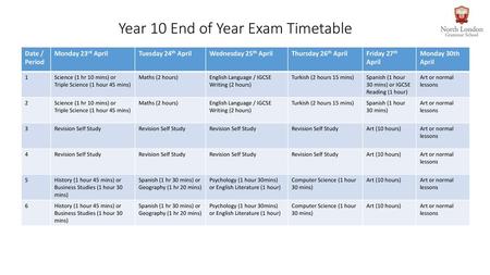 Year 10 End of Year Exam Timetable