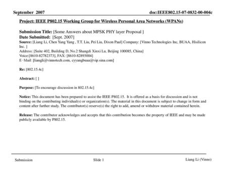 Submission Title: [Some Answers about MPSK PHY layer Proposal ]