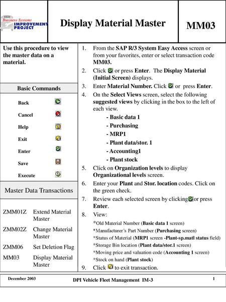 Display Material Master DPI Vehicle Fleet Management IM-3