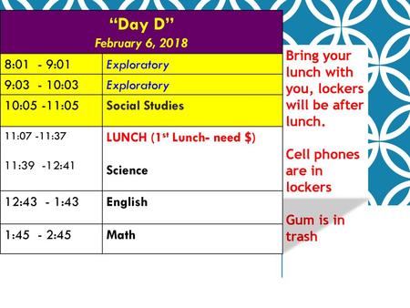 “Day D” February 6, :01 - 9:01 Exploratory 9: :03