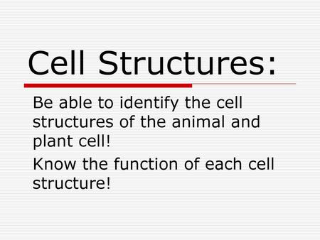 Cell Structures: Be able to identify the cell structures of the animal and plant cell! Know the function of each cell structure!