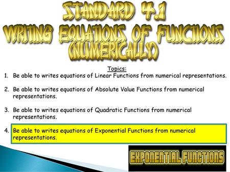 Topics: Be able to writes equations of Linear Functions from numerical representations. Be able to writes equations of Absolute Value Functions from numerical.