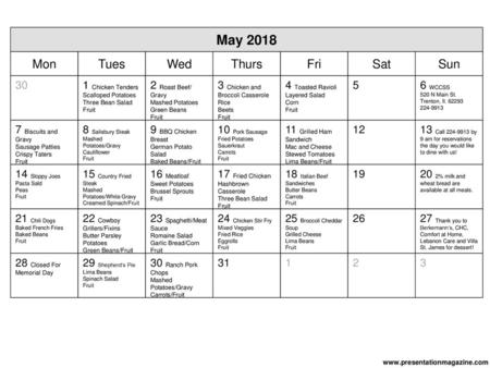 May 2018 Mon Tues Wed Thurs Fri Sat Sun 30 1 Chicken Tenders