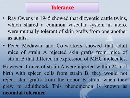 Tolerance Ray Owens in 1945 showed that dizygotic cattle twins, which shared a common vascular system in utero, were mutually tolerant of skin grafts from.