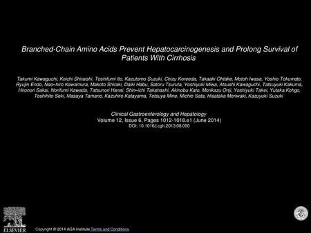 Branched-Chain Amino Acids Prevent Hepatocarcinogenesis and Prolong Survival of Patients With Cirrhosis  Takumi Kawaguchi, Koichi Shiraishi, Toshifumi.