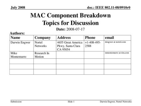 MAC Component Breakdown Topics for Discussion