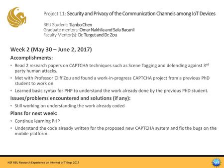 Project 11: Security and Privacy of the Communication Channels among IoT Devices REU Student: Tianbo Chen Graduate mentors: Omar Nakhila and Safa Bacanli.