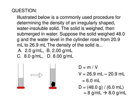 D = (48.0 g) / (6.0 mL) = 8 g/mL  8.0 g/mL