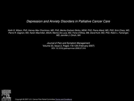 Depression and Anxiety Disorders in Palliative Cancer Care