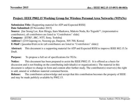 November 2015 Project: IEEE P802.15 Working Group for Wireless Personal Area Networks (WPANs) Submission Title: [Supporting material for ATP and Expected.