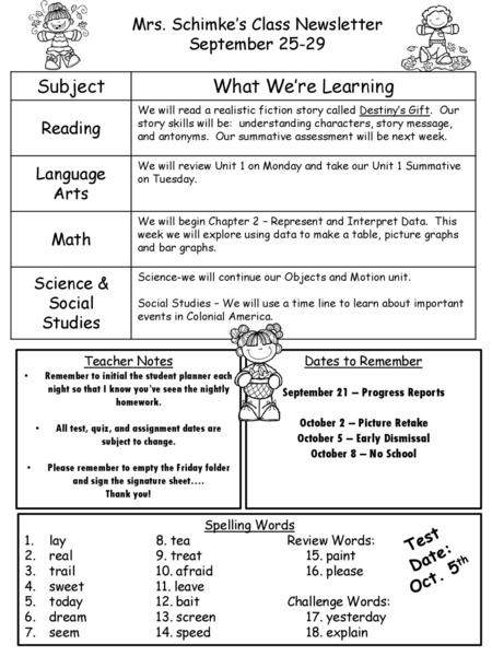 Subject What We’re Learning Mrs. Schimke’s Class Newsletter