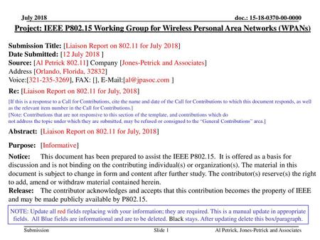 January 2018 doc.: IEEE 802.15-18-0242-00-0000 July 2018 Project: IEEE P802.15 Working Group for Wireless Personal Area Networks (WPANs) Submission Title: