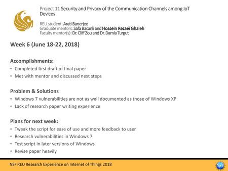 Week 6 (June 18-22, 2018) Accomplishments: Problem & Solutions