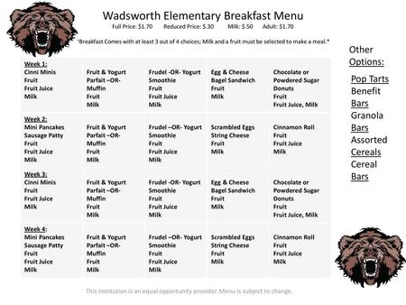 Wadsworth Elementary Breakfast Menu Full Price: $1.70 Reduced Price: $.30 Milk: $.50 Adult: $1.70 *Breakfast Comes with at least.