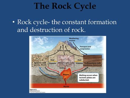 The Rock Cycle Rock cycle- the constant formation and destruction of rock.