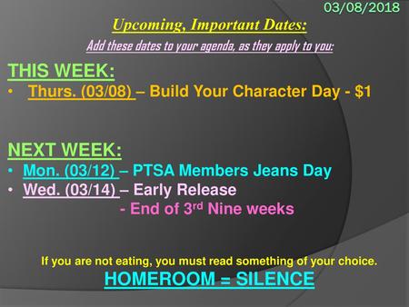 Upcoming, Important Dates: