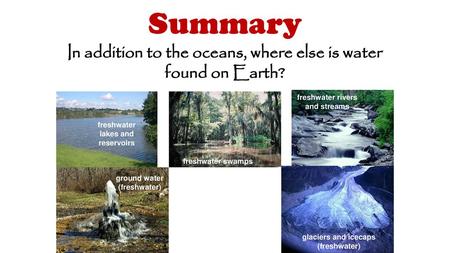 Summary In addition to the oceans, where else is water found on Earth?