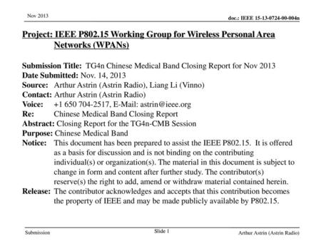 Jul 12, 2010 07/12/10 Project: IEEE P802.15 Working Group for Wireless Personal Area Networks (WPANs) Submission Title: TG4n Chinese Medical Band Closing.