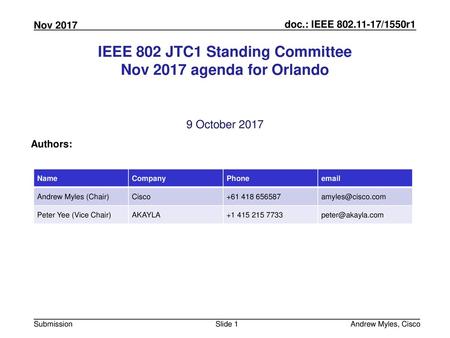 IEEE 802 JTC1 Standing Committee Nov 2017 agenda for Orlando