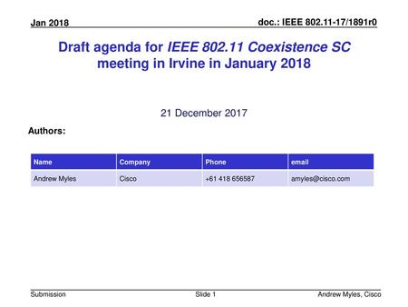 July 2010 doc.: IEEE 802.11-10/0xxxr0 Draft agenda for IEEE 802.11 Coexistence SC meeting in Irvine in January 2018 21 December 2017 Authors: Name Company.