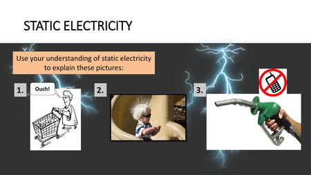 STATIC ELECTRICITY Use your understanding of static electricity to explain these pictures: 1. Ouch! 2. 3.