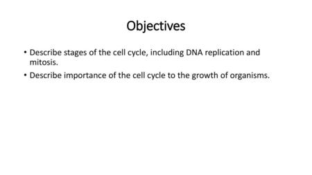 Objectives Describe stages of the cell cycle, including DNA replication and mitosis. Describe importance of the cell cycle to the growth of organisms.