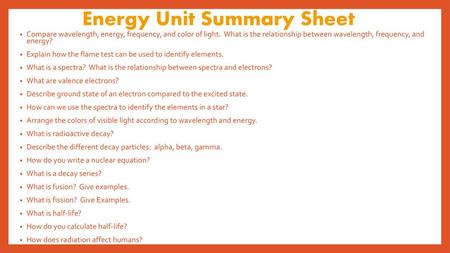 Energy Unit Summary Sheet