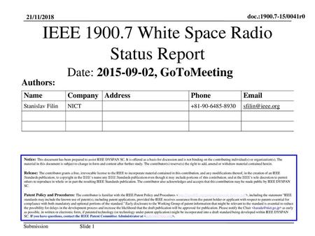 IEEE White Space Radio Status Report