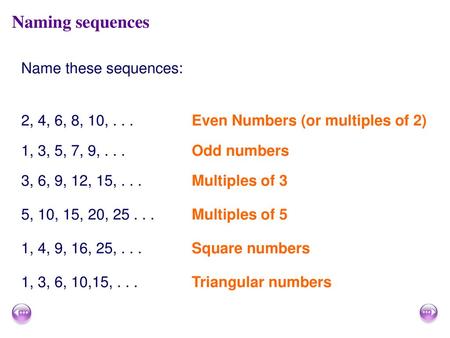 Naming sequences Name these sequences: 2, 4, 6, 8, 10, . . .