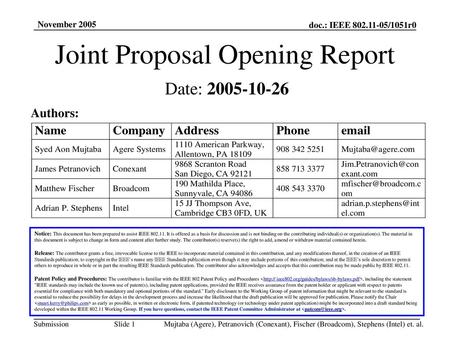 Joint Proposal Opening Report