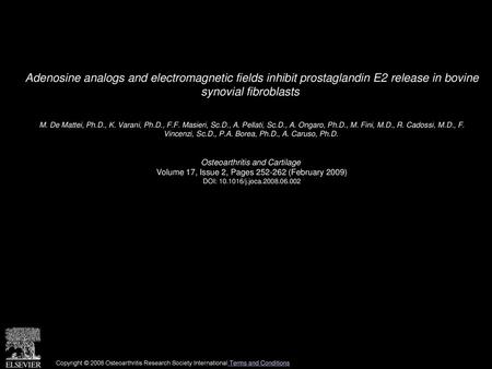 Adenosine analogs and electromagnetic fields inhibit prostaglandin E2 release in bovine synovial fibroblasts  M. De Mattei, Ph.D., K. Varani, Ph.D., F.F.