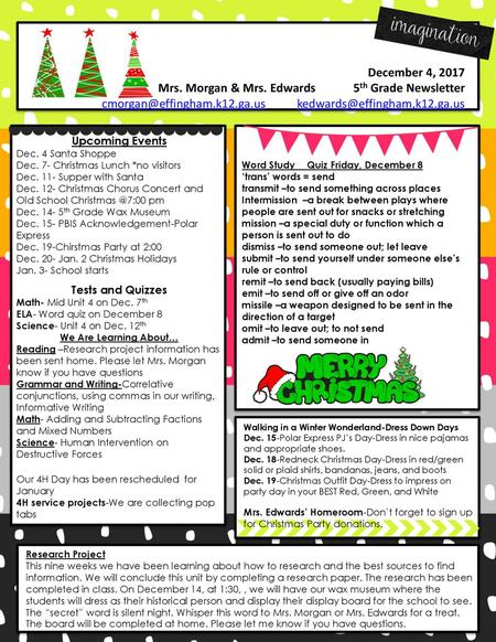 Mrs. Morgan & Mrs. Edwards 5th Grade Newsletter