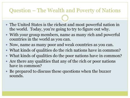 Question – The Wealth and Poverty of Nations