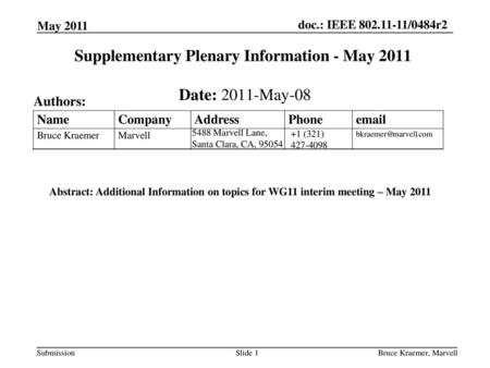 Supplementary Plenary Information - May 2011